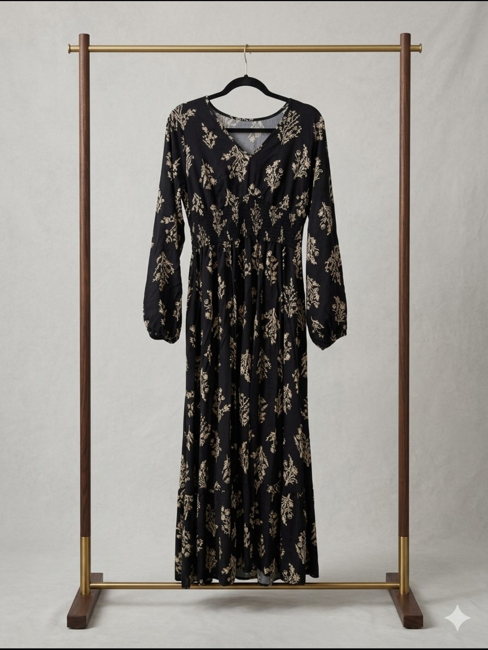 Cupshe Black Floral Long Sleeve Maxi Dress Smocked V-Neck Boho Size Medium